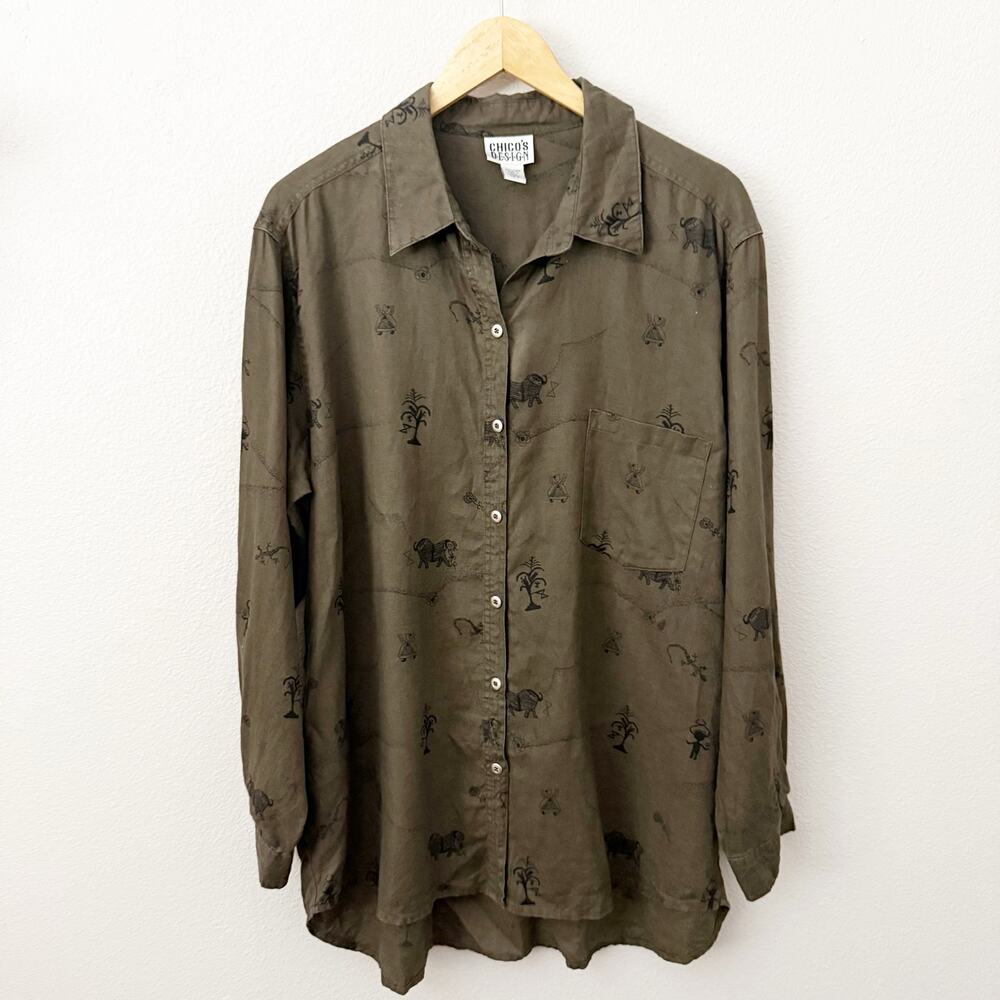 CHICO'S DESIGN | Olive Army Green Black Print Abstract Button Down | Size 3, XL